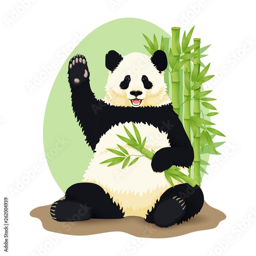 Cartoon vector illustration. Cute smiling giant panda sitting holding green bamboo branch and waving with bamboo trees in the background. Print, poster design. Endangered species. Conservation.