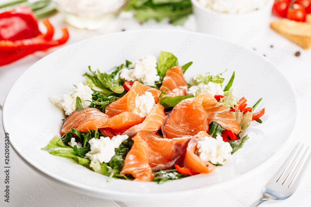 Fresh Salad with Smoked Salmon Slice Appetizer. Vegetable Italian Food in White Bowl. Healthy Light Green Fitness Diet. Organic Lettuce Starter with Red Fish Fillet Mediterranean Appetizing Cuisine Fresh Salad with Smoked Salmon Slice Appetizer. Vegetable Italian Food in White Bowl. Healthy Light Green Fitness Diet. Organic Lettuce Starter with Red Fish Fillet Mediterranean Appetizing Cuisine