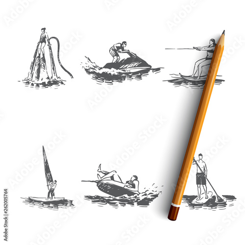 Summer recreation - flyboarding, water skiing, paddle boarding, sailing, jet ski vector concept set