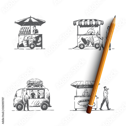 Street food - ice cream, hot dog, burger, fresh food vector concept set