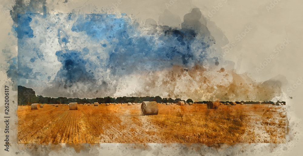 Obraz premium Watercolour painting of Rural landscape image of Summer sunset over field of hay bales