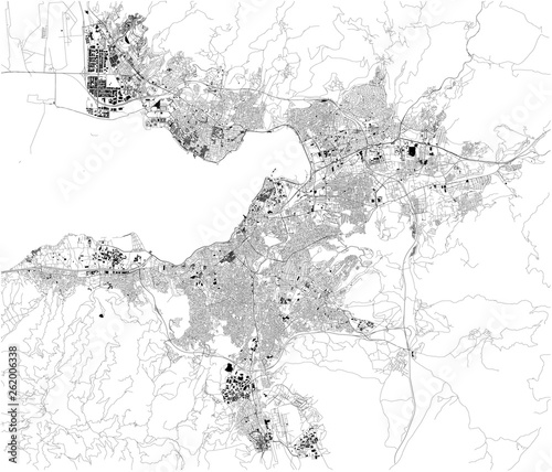 Satellite map of Izmir. It is a metropolitan city in the western extremity of Anatolia and the third most populous city in Turkey. Map of streets and buildings of the town center. Asia