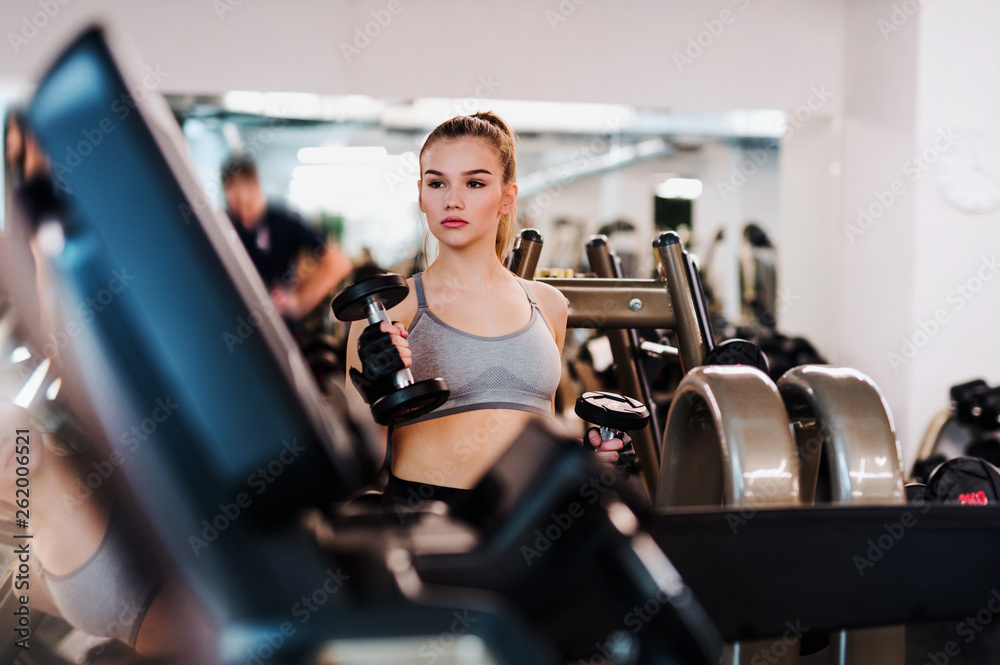 Young girl or woman with dumbbells, doing workout in a gym. Young girl or woman with dumbbells, doing workout in a gym.