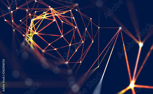 Big data concept. Global computer wireless network. Abstract 3D illustration of a flaming polygonal mesh with a shallow depth of field photo