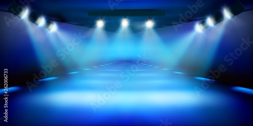 Stage podium during the show. Blue background. Fashion runway. Vector illustration. © silvae