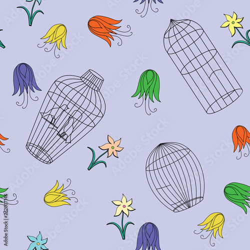 Seamless pattern of different cages and flowers