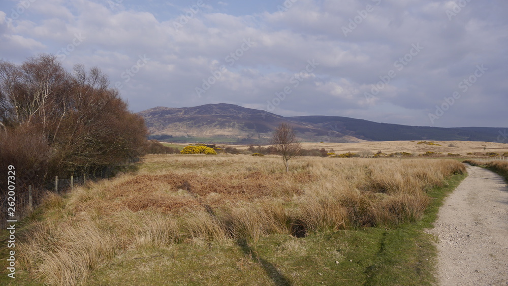 Frühlingslandschaft mit Bergen und Tälern auf der Insel Arran, Schottland