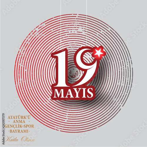 vector illustration 19 mayis Ataturk'u Anma, Genclik ve Spor Bayramiz , translation: 19 may Commemoration of Ataturk, Youth and Sports Day, graphic design to the Turkish holiday, children logo. photo