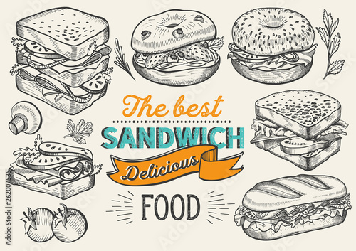Sandwich illustration - bagel, snack, hamburger for restaurant