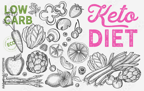 Ketogenic diet vegetables.Vector keto hand drawn illustrations.