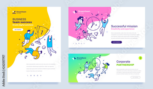 Vector set of template with business illustration with people on color background. Concept of success, mission, partnership with text.
