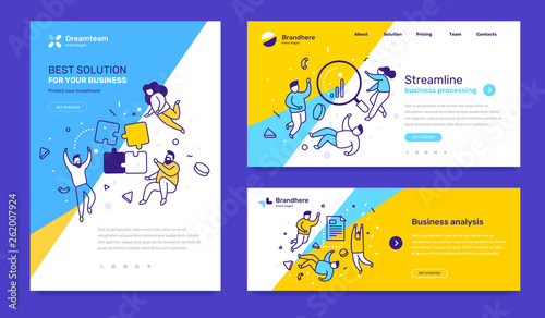 Vector set of template with business illustration with people on color background. Concept of solution, streamline, analysis with text.