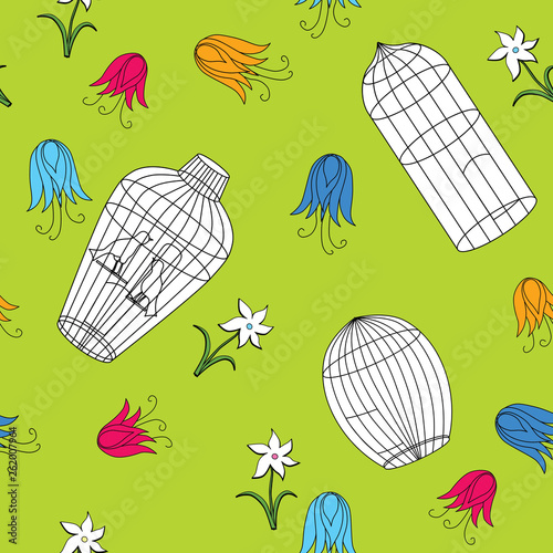 Seamless pattern of different cages and flowers