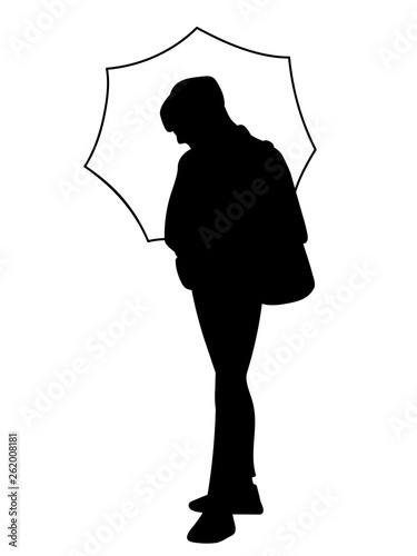 Man standing, holding umbrella in his hand. Black silhouette isolated on white background. Concept. Vector illustration of man sheltering from rain and wind. Stencil. Monochrome minimalism