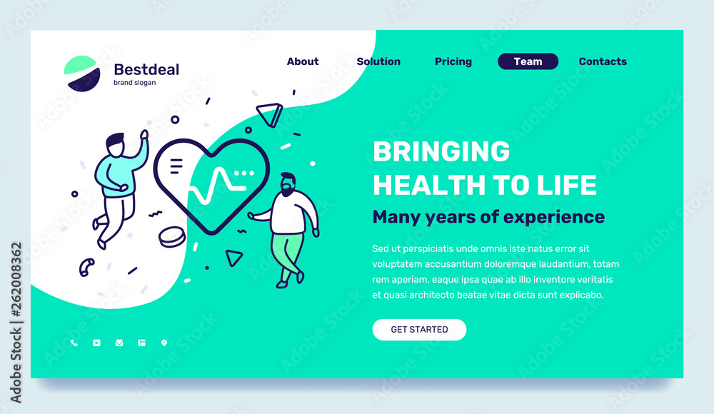 Vector medicine template with illustration of people with big heart with pulse. Health life concept with text on green background.