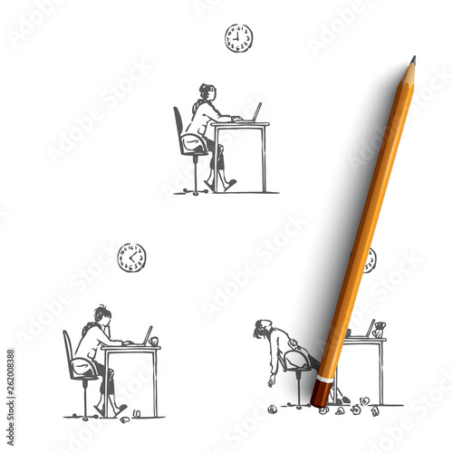 Working girl - girl sitting with laptop, working and becoming exhausted vector concept set