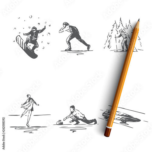 Winter sports - snowboard, skating, skiing, figure skating, bobsleigh, curling vector concept set