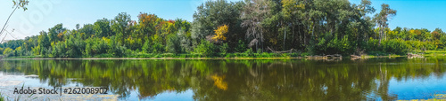 Panorama of the forest river on a Sunny day