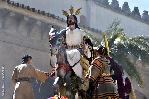 Jesus statue in Palm Sunday procession depicting Jesus and his triumphal entrance into Jerusalem, Cordoba, Spain © akturer
