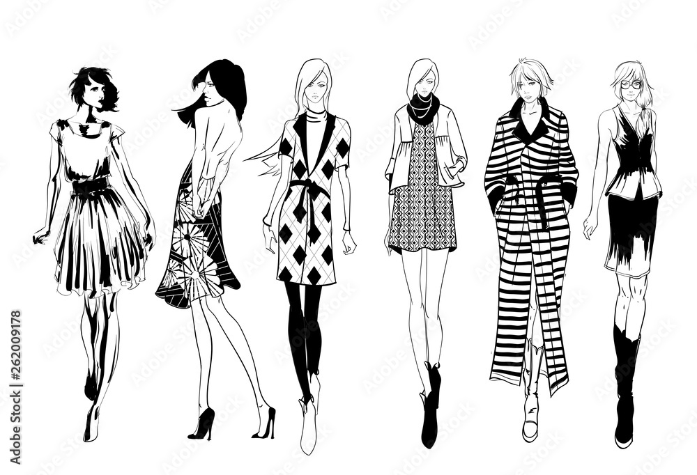 Stylish fashion models. Pretty young girls. Fashion womans Sketch - obrazy, fototapety, plakaty 