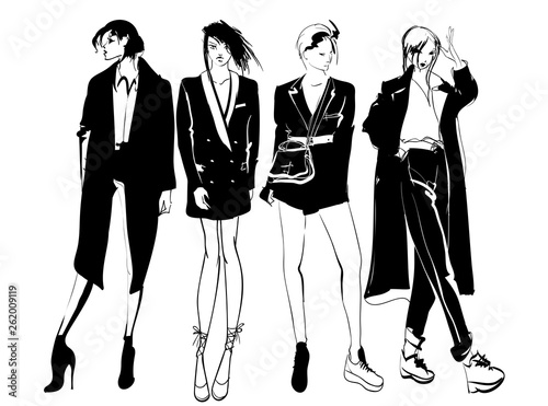 Stylish fashion models. Pretty young girls. Fashion womans Sketch