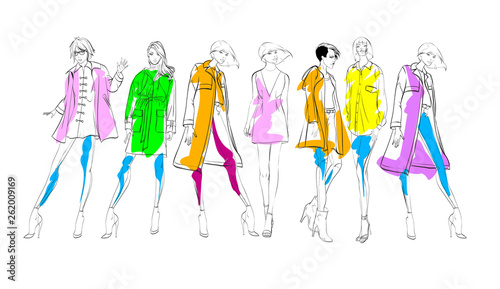 Stylish fashion models. Pretty young girls. Fashion womans Sketch