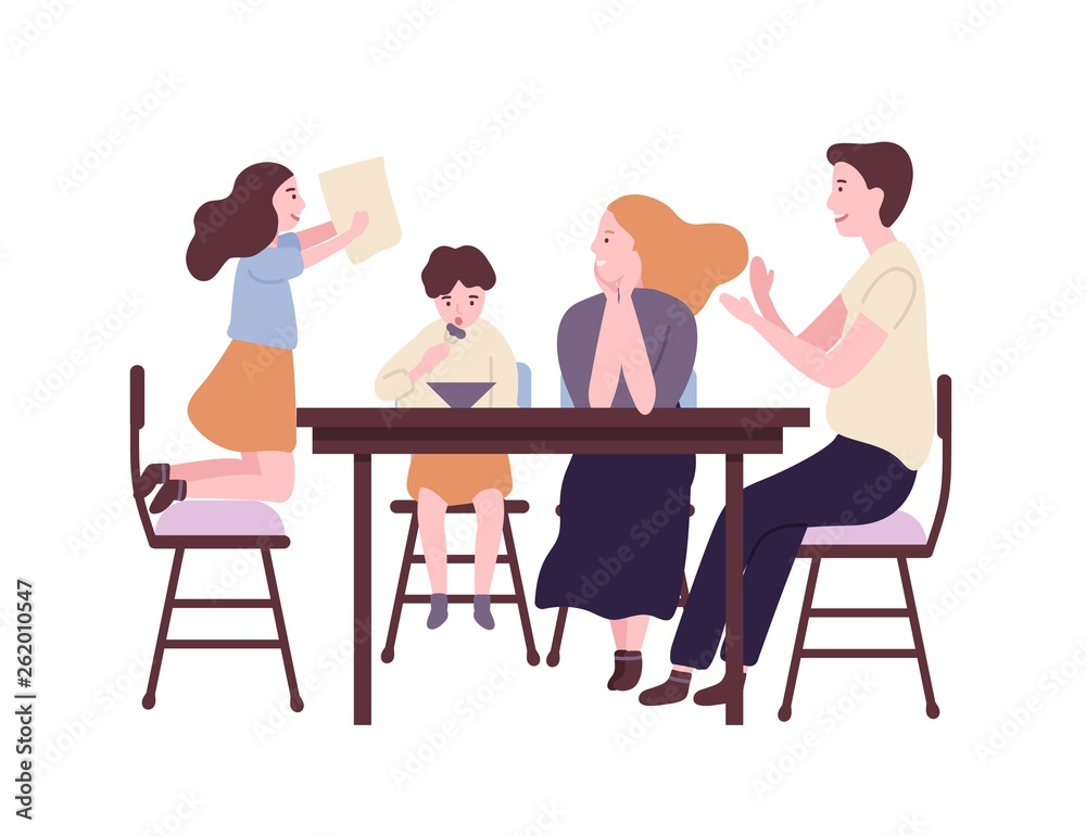Happy family sitting at dining table and having breakfast, lunch or dinner. Smiling mother, father, son and daughter eating together. Parents and child at home. Flat cartoon vector illustration.