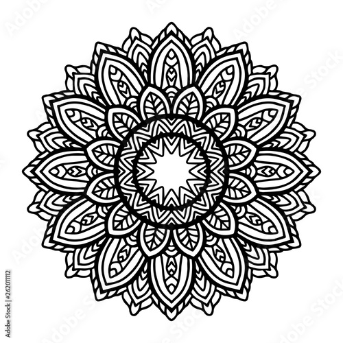 Round black mandala on white isolated background. Vector boho Mandala with floral patterns. Anti-stress therapy, decorative round ornament. Hand drawn background