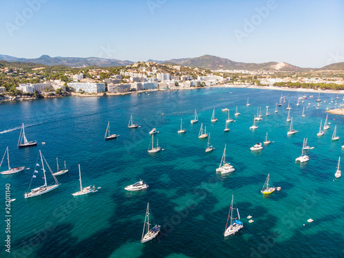 Aerial view, view of the bay of Santa Ponsa with sailing yachts, Santa Ponca, Mallorca, Balearic Islands, Spain