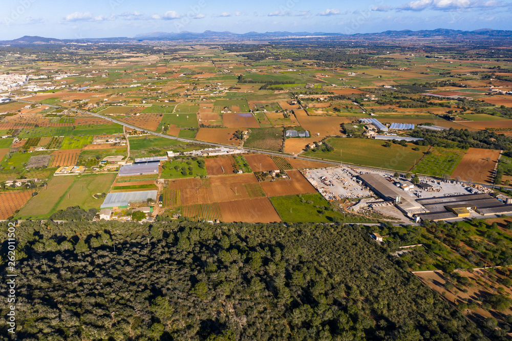 Aerial view, Agricultural fields at Porreres, Mallorca, Balearic Islands, Spain
