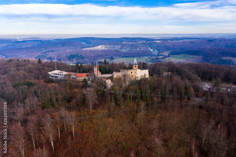 Aerial view, Frankenstein Castle, Eberstadt, Odenwald, Hesse, Germany, Feb 2019