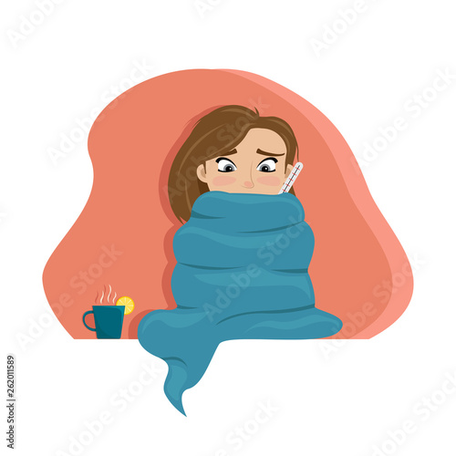 The cold girl wrapped herself in a blanket with a thermometer. Cold season. Flat vector illustration.