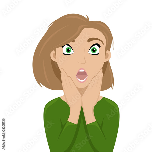 Surprised girl with hands in her face. Shock.
