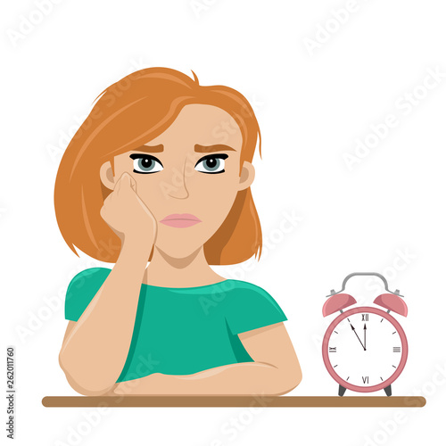 Girl tired of waiting. Boredom. Long wait. Flat vector illustration.