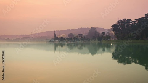 Beautiful view of over Xuan Huong Lake before sunrise, Dalat, Vietnam.  Amazing landscape at twilighttime photo