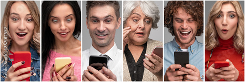 Diverse surprised people with smartphones