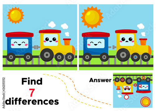 Find 7 differences. Vector kawaii train and wagon. Educational game for kids. Activity worksheet with answer.