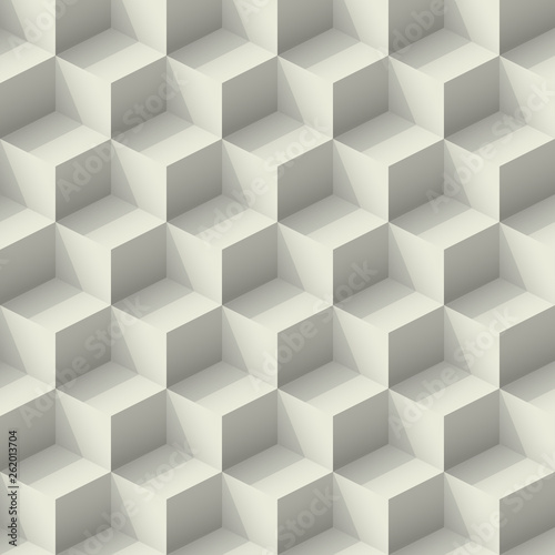 Seamless gray abstract pattern isometric cubes with light and shadow. Vintage retro realistic 3d minimal geometric shape wall background. Eps 10 paper art texture illustration. Fabric squares print