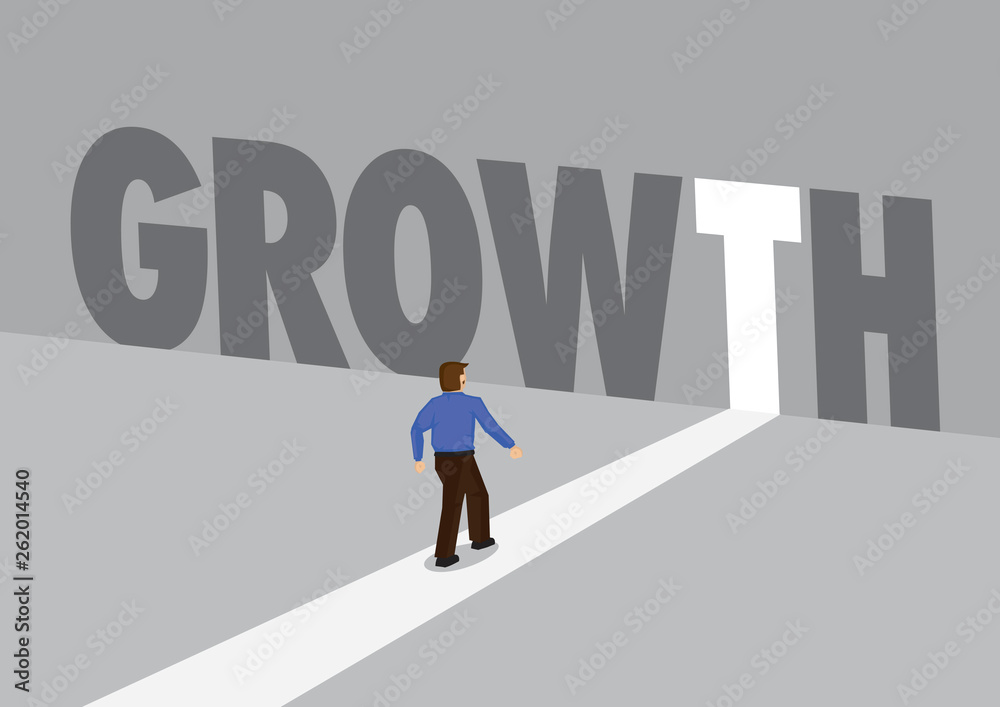 Businessman walking towards a light path with the text growth. Business concept of marketing, promotion or challenges. Vector illustration.