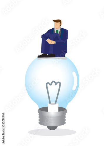 Sad businessman sitting on top of the light bulb. Concept of failure and the lack of creativity. Vector cartoon illustration.