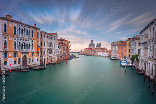 Venice, Italy. Cityscape image of Grand Canal in Venice, with Santa Maria della Salute Basilica in the background, during sunset.