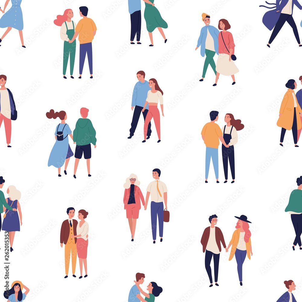 Seamless pattern with young couples on romantic date. Backdrop with men and women in love holding hands and walking together. Flat cartoon vector illustration for textile print, wrapping paper.