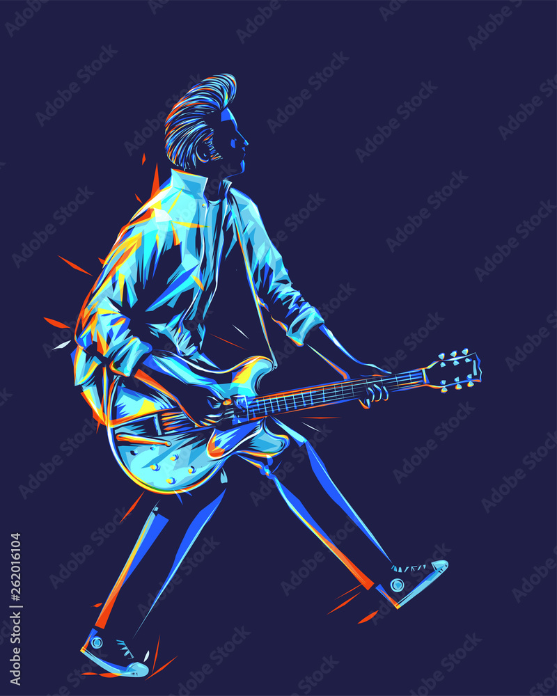Musician with a guitar. Guitarist with duckwalk style. Rockabilly pompadour hair  guitar player abstract vector Stock Vector | Adobe Stock