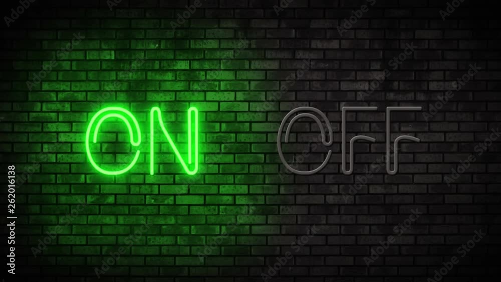 Neon On and Off Switch Light on Brick Wall. Night Club Bar Blinking Neon Sign. Motion Animation. Video available in 4K FullHD and HD render footage Neon On and Off Switch Light on Brick Wall. Night Club Bar Blinking Neon Sign. Motion Animation. Video available in 4K FullHD and HD render footage