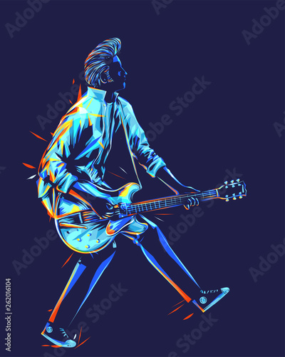 Musician with a guitar. Guitarist with duckwalk style. Rockabilly pompadour hair guitar player abstract vector