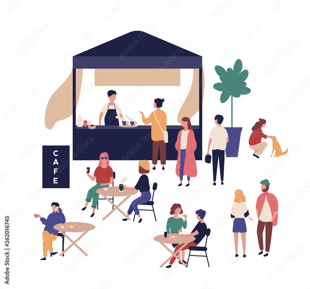 Outdoor cafe and cute funny people walking beside it, sitting at tables, drinking coffee and talking to each other. Street food festival, summer open air event. Flat cartoon vector illustration.
