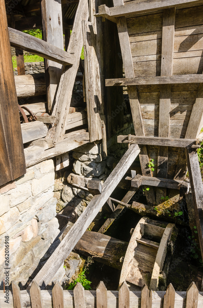 The water-powered machinery of saw mill in the Architectural And Ethnographic Complex Etar - at open-air museum near the city of Gabrovo