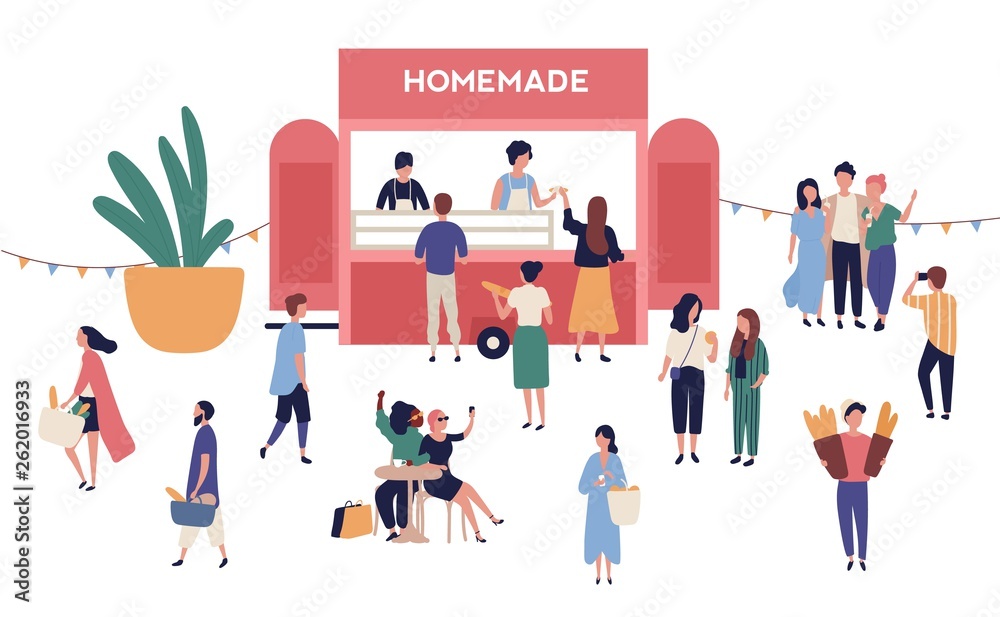 Kiosk or stall with tasty homemade meals, adorable people buying and selling street food at outdoor festival, summer open air market or seasonal fair. Modern flat cartoon vector illustration.