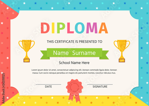Kid diploma, certificate. Vector. Preschool, kindergarten, school template graduation background. Winner blank with trophy cups, award ribbon, stars. Cute layout design. Cartoon playful illustration.
