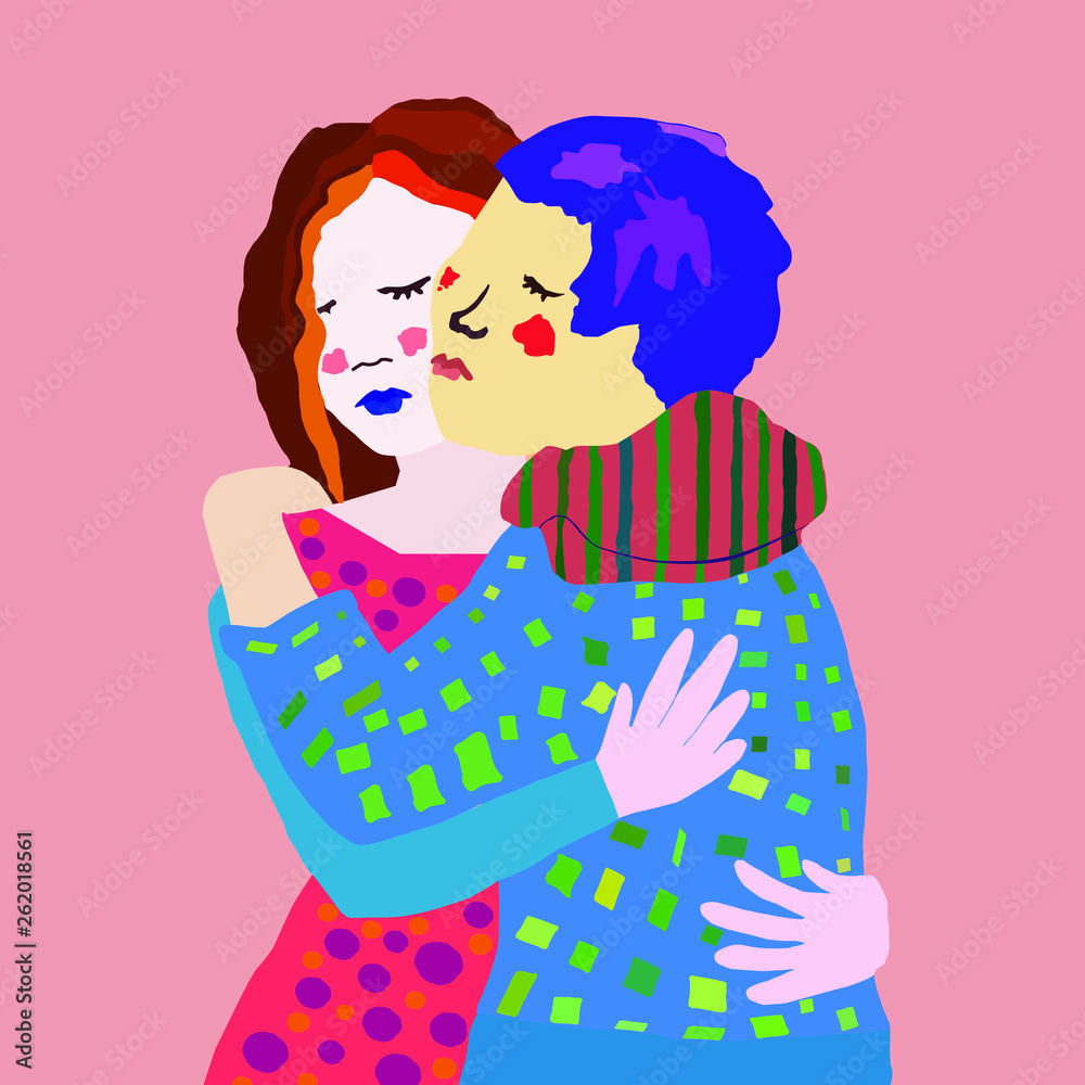 Vector Illustration Of Hugging Women Couple Of Embracing Girls Female